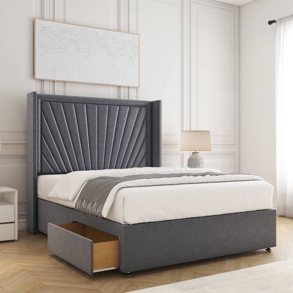 BSSPOKE Alina Divan Bed Plush Velvet 54"Headboard 2Drawers Footend No Mattress in Charcoal | Size: Small Double