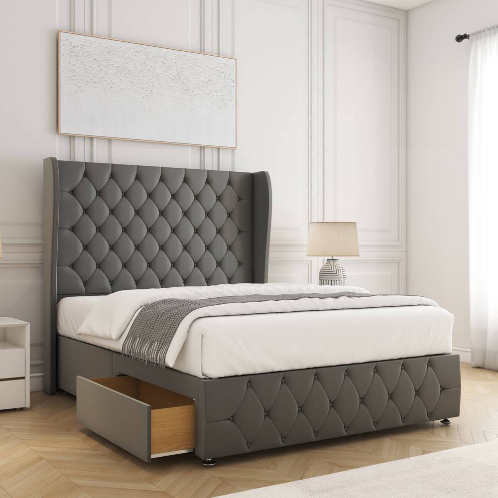 BSSPOKE Faye Velvet Divan Bed 54" Headboard & 2 Drawers Footend & No Mattress in Grey | Size: King