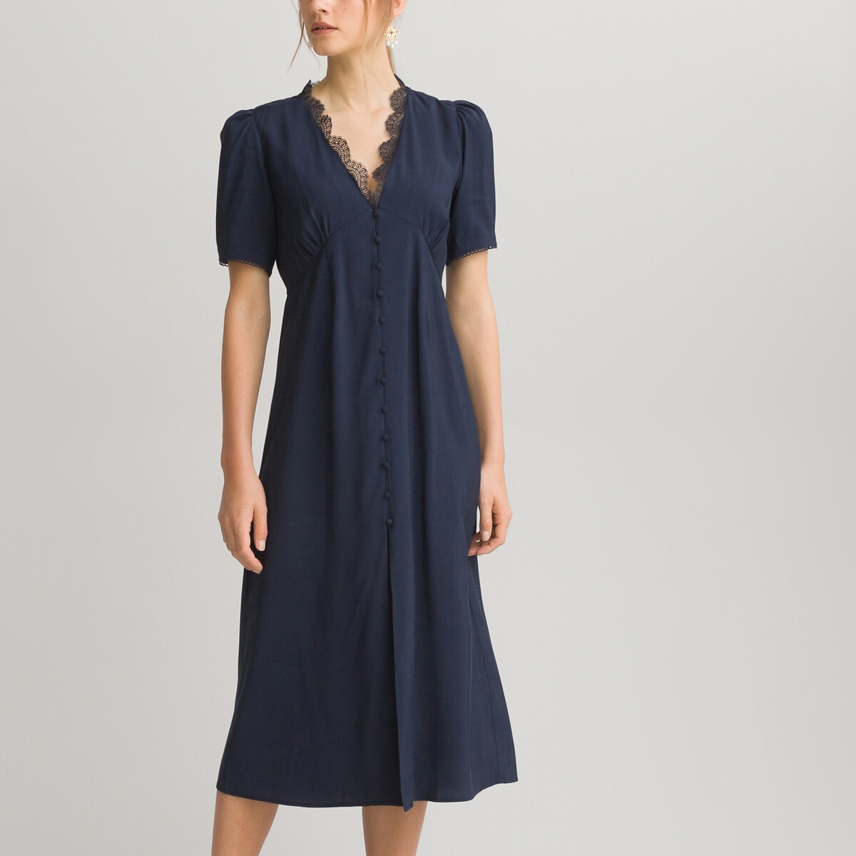 Photograph of La Redoute Collections Laced V-Neck Midi Dress with Short Puff Sleeves