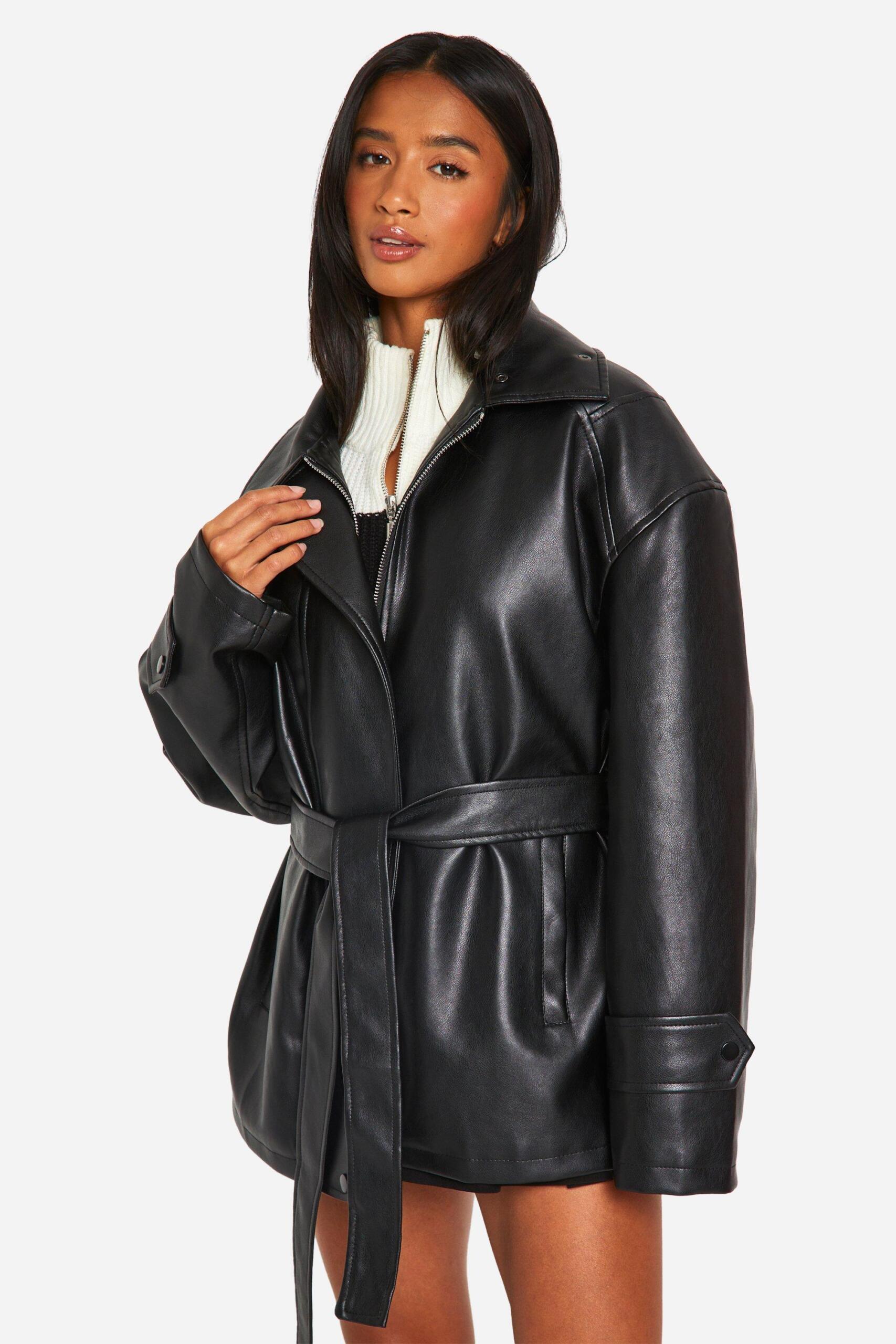 Boohoo Womens Petite Belted Faux Leather Trench Coat Rather Saucy
