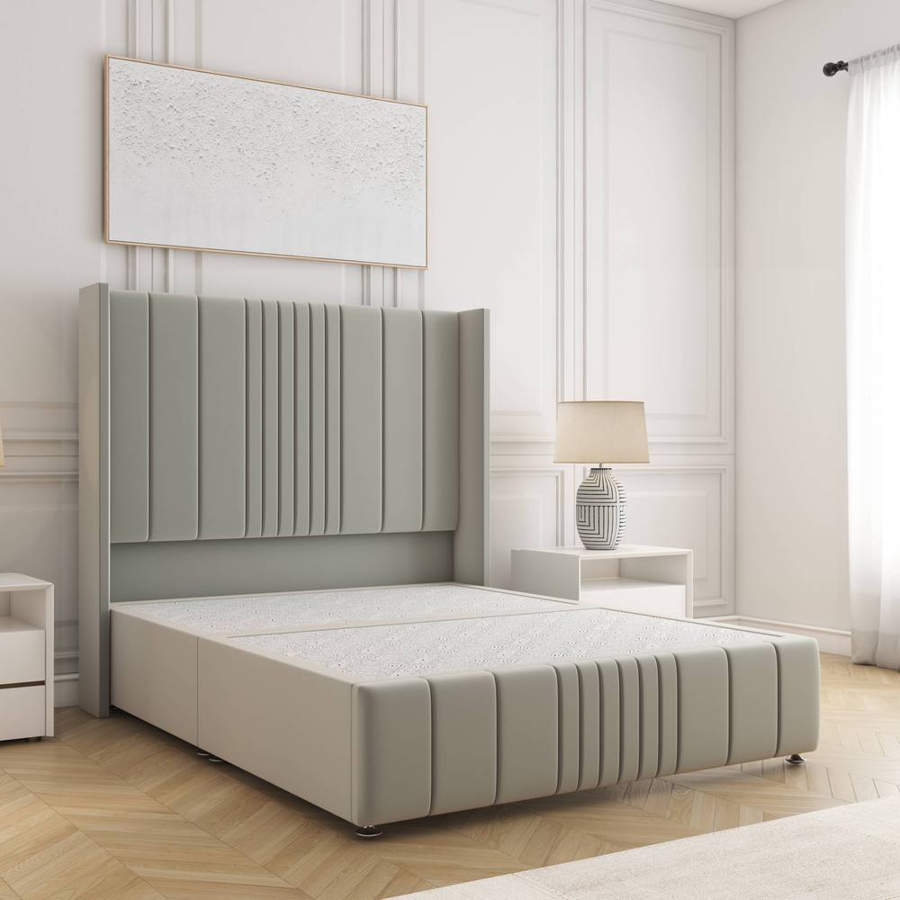 BSSPOKE Elise Divan Bed Plush Velvet 54"Headboard & No Mattress No Drawers in Silver | Size: King