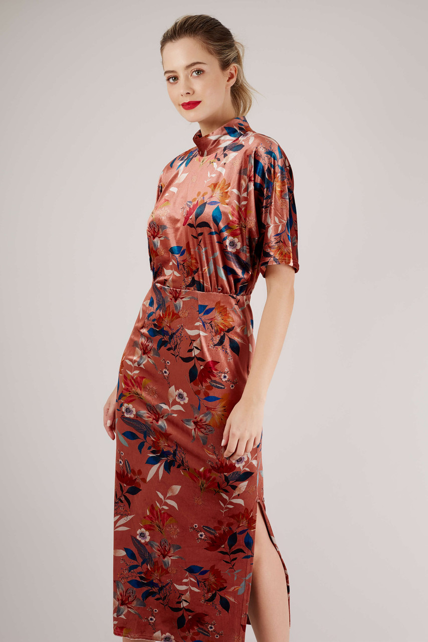 Closet London Rust Floral Velvet Kimono Pencil Dress