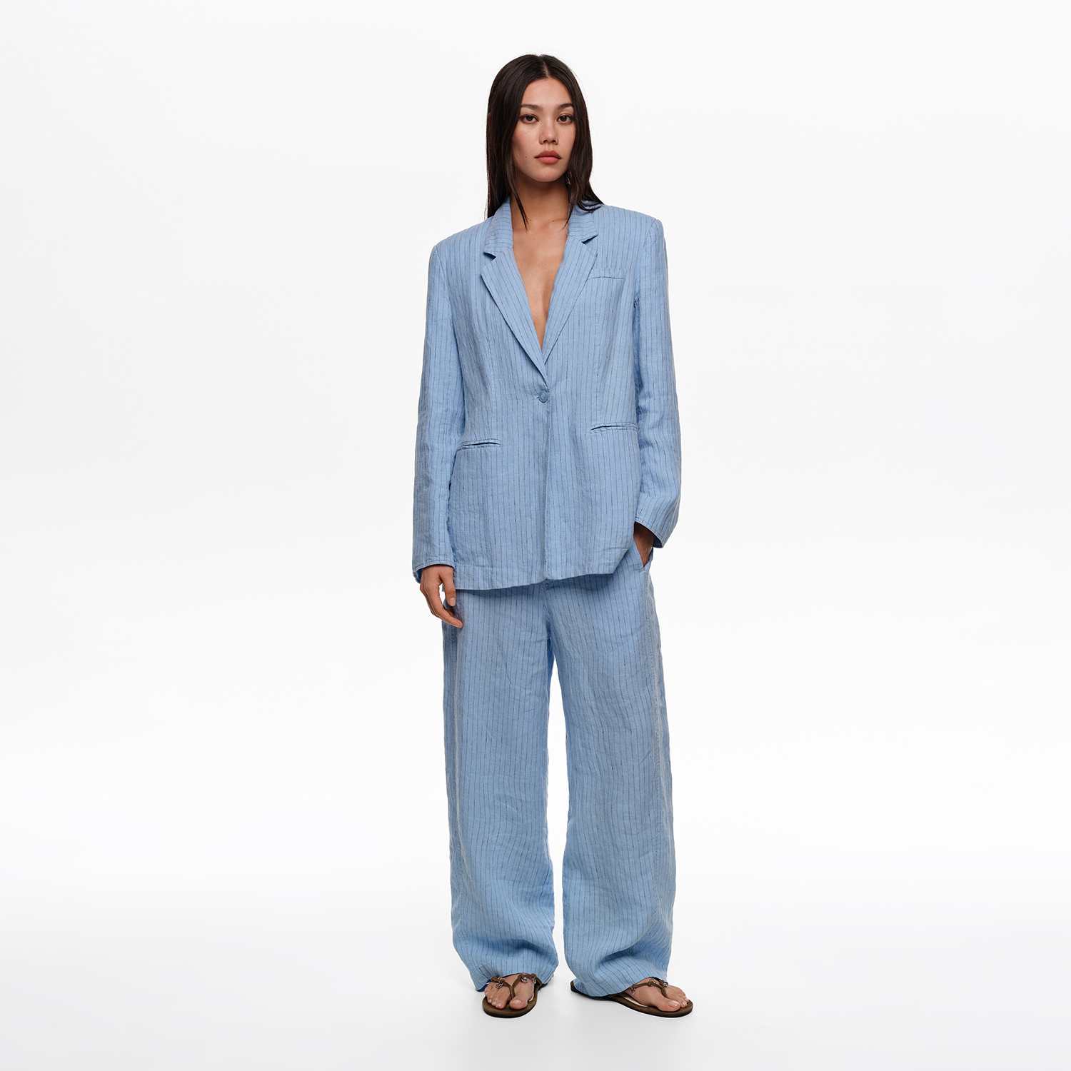BIMBA Y LOLA Light blue striped washed linen barrel trousers