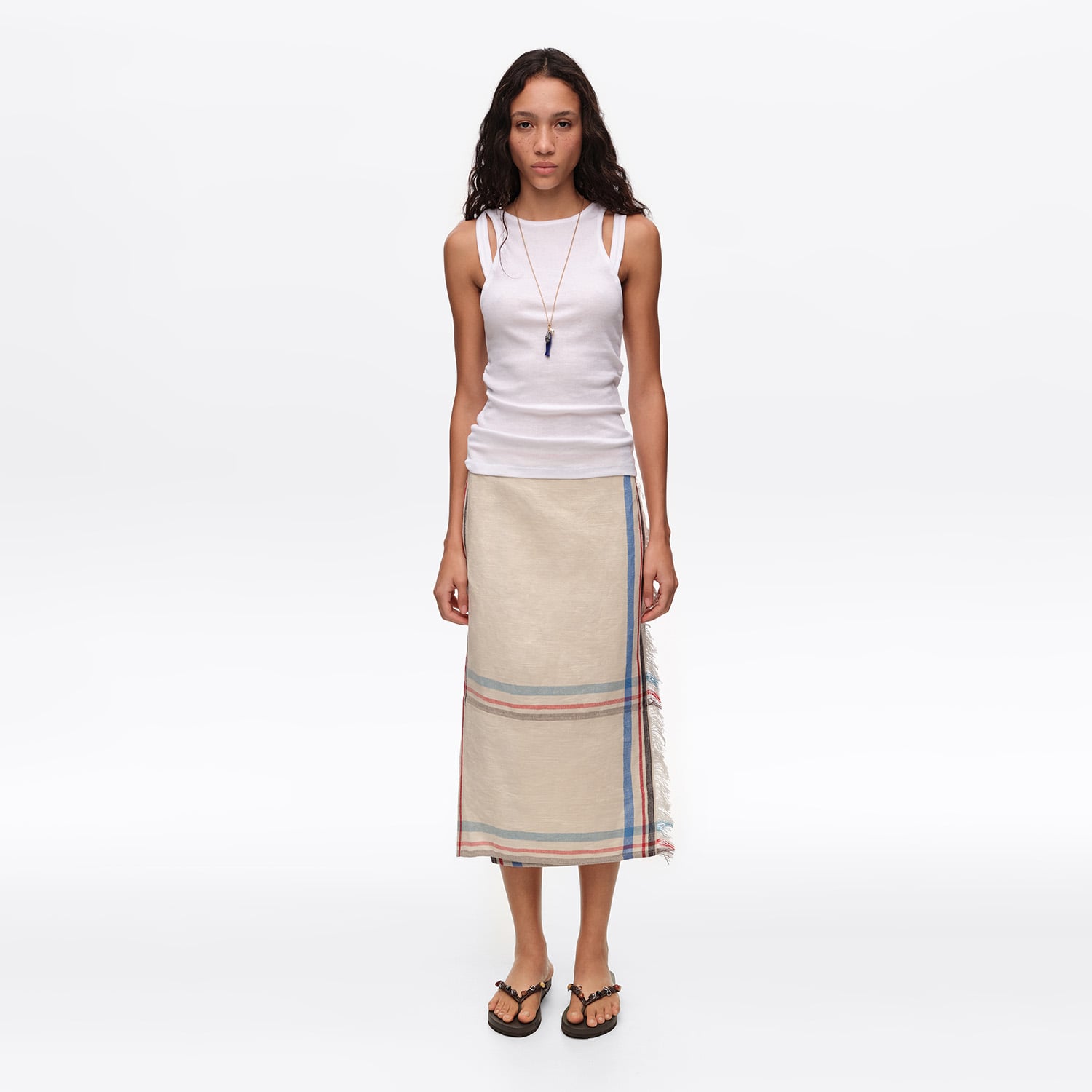 BIMBA Y LOLA Ecru linen straight striped midi wrap skirt