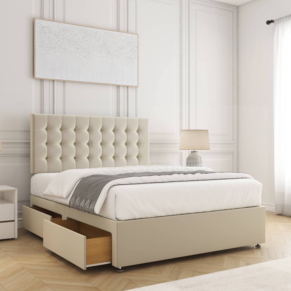 BSSPOKE Isla Plush Velvet Divan Bed 24"Headboard 2Drawers Same side & Mattress in Cream | Size: King