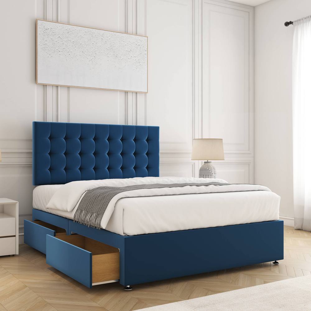 BSSPOKE Isla Plush Velvet Divan Bed 24"Headboard 2Drawers Same side & Mattress in Blue | Size: Single