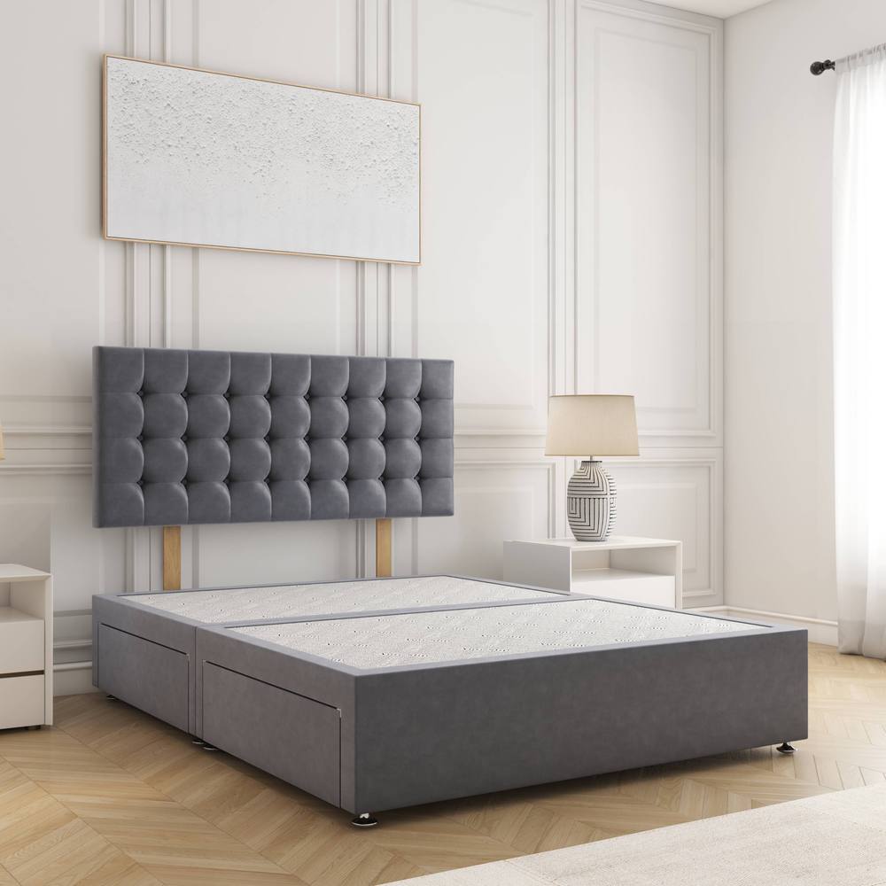 BSSPOKE Isla Divan Bed Plush 24" Headboard 2Drawers Same Side & No Mattress in Charcoal | Size: Small Double