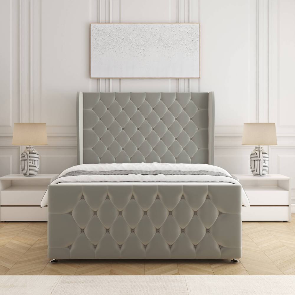 BSSPOKE Anna Plush Velvet Divan Bed 54" Headboard & Mattress No Drawers in Silver | Size: Small Double