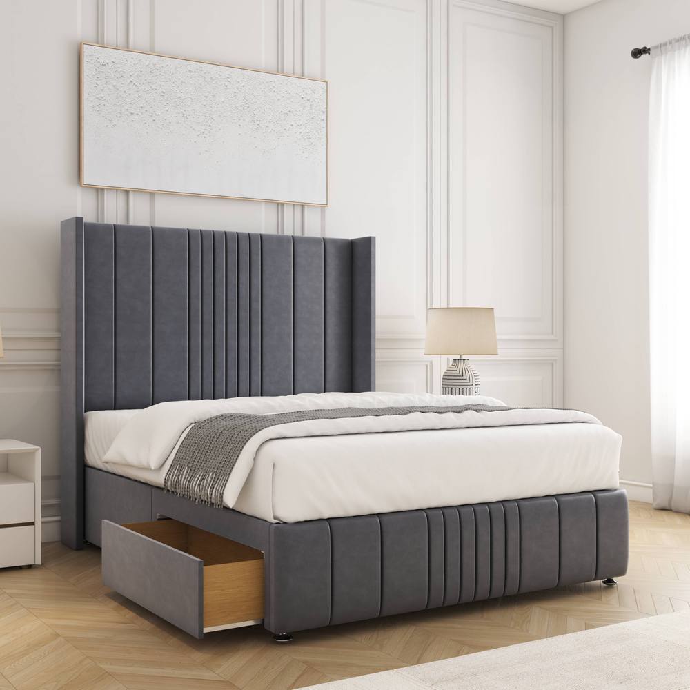 BSSPOKE Elise Plush Velvet Divan Bed 54"Headboard 2Drawers Footend & Mattress in Charcoal | Size: Double