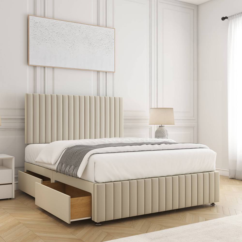 BSSPOKE Emma Divan Bed Plush Velvet 24"Headboard & 2Drawers Same Side Mattress in Cream | Size: Small Double