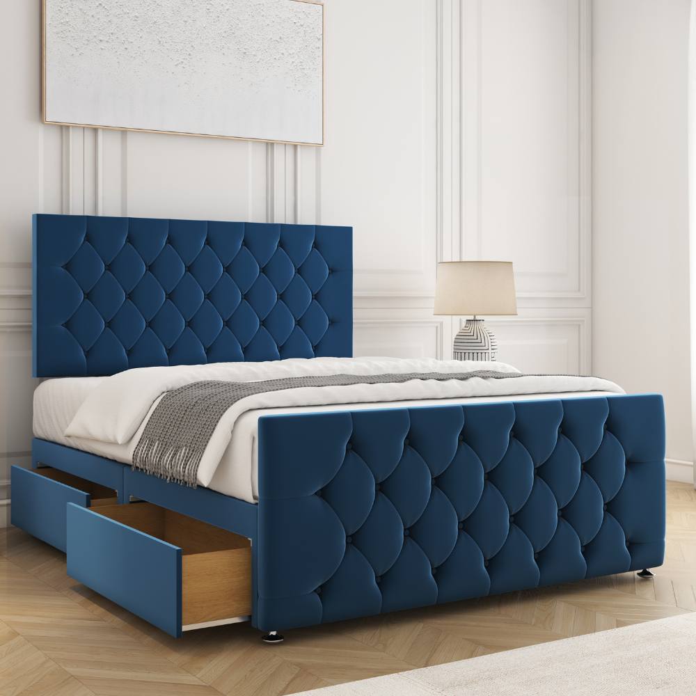 BSSPOKE Maya Plush Velvet Divan Bed 24"Headboard 2Drawers Same Side & Mattress in Blue | Size: King