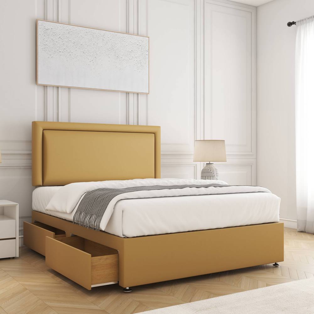 BSSPOKE Ella Plush Velvet Divan Bed 24" Headboard 4Drawers & Mattress in Mustard | Size: King