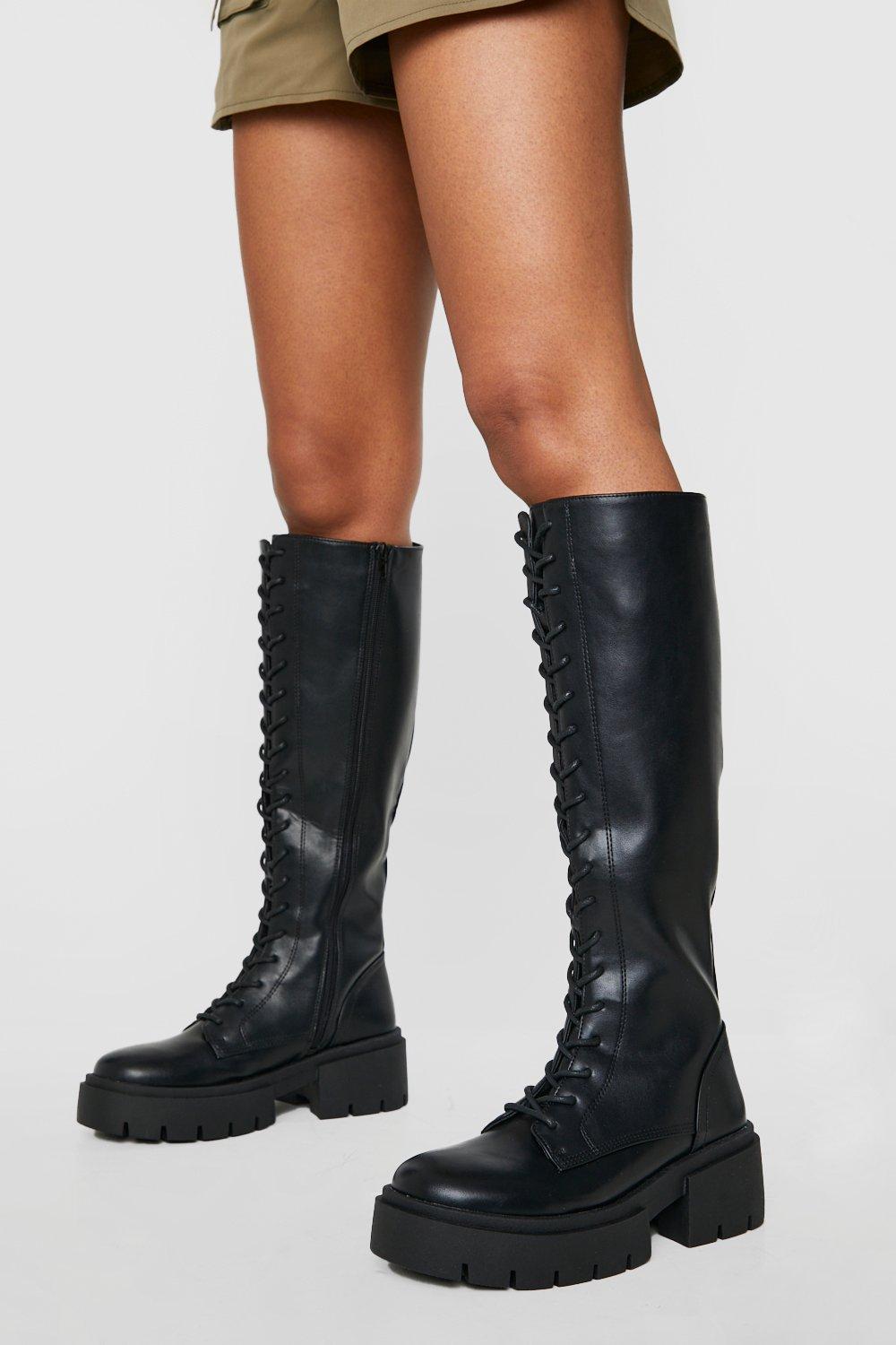 Boohoo Womens Wide Fit Knee High Lace Up Boots Rather Saucy
