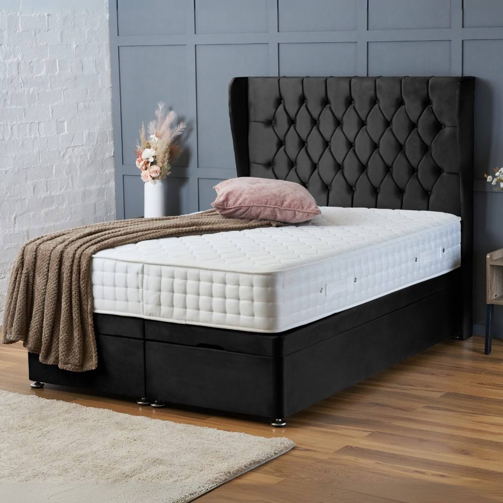 BSSPOKE Amelia Ottoman Divan Bed Plush Velvet 54" Headboard & Mattress in Black | Size: Double