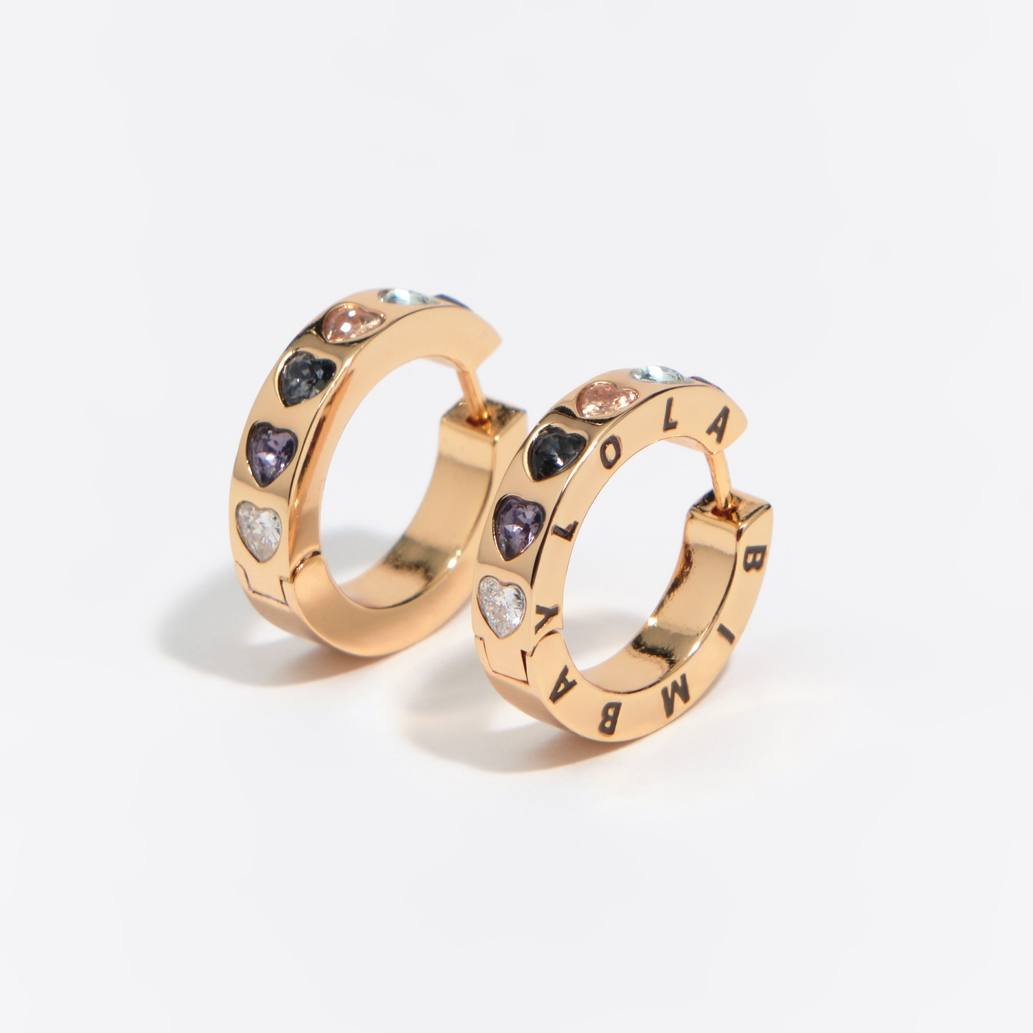 BIMBA Y LOLA Medium multicolor crystals heart logo hoop earrings