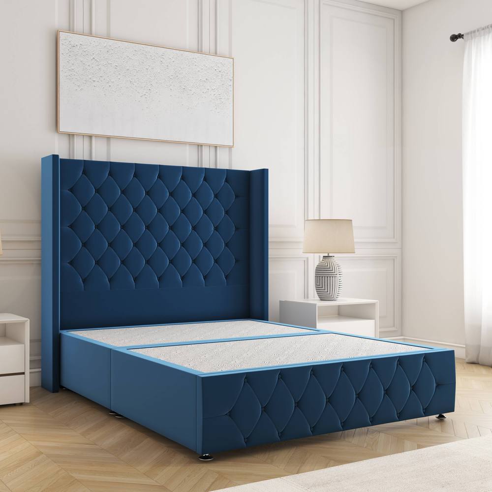 BSSPOKE Ruby Divan Bed Plush Velvet 54" Headboard & No Mattress No Drawers in Blue | Size: Super King