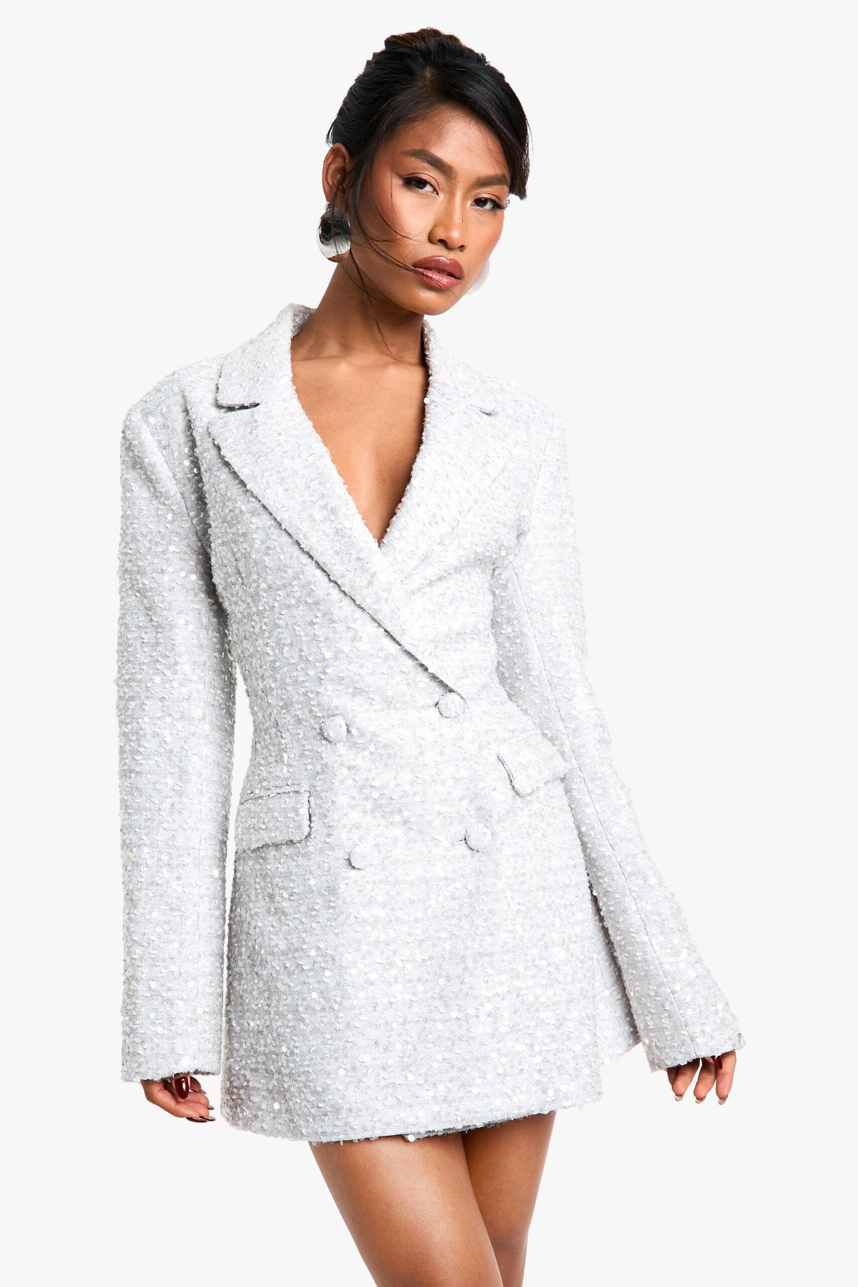 Boohoo Womens Sequin Boucle Cinched Blazer Dress Rather Saucy