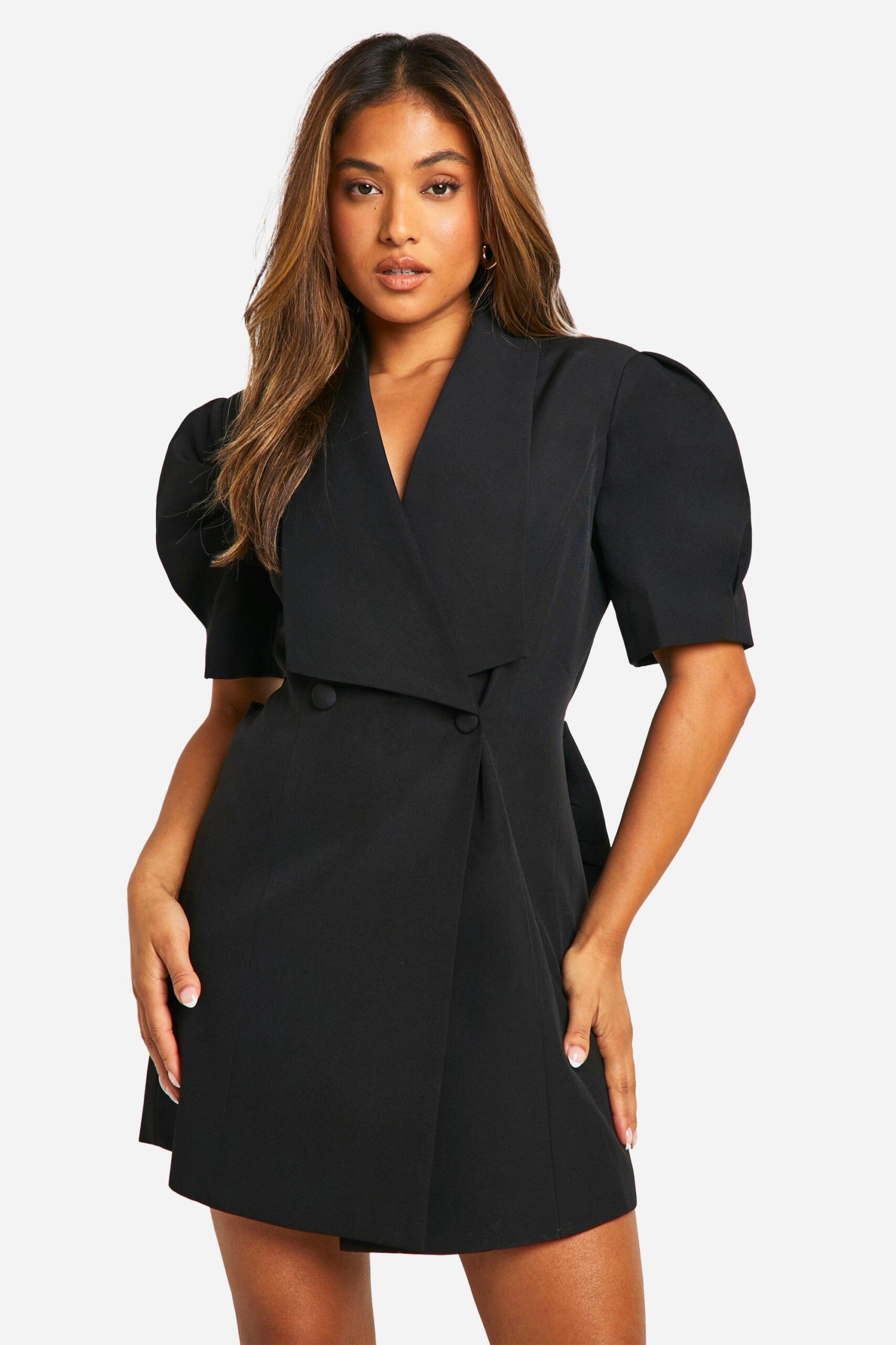 Boohoo Womens Petite Bow Detail Puff Sleeve Blazer Dress Rather Saucy