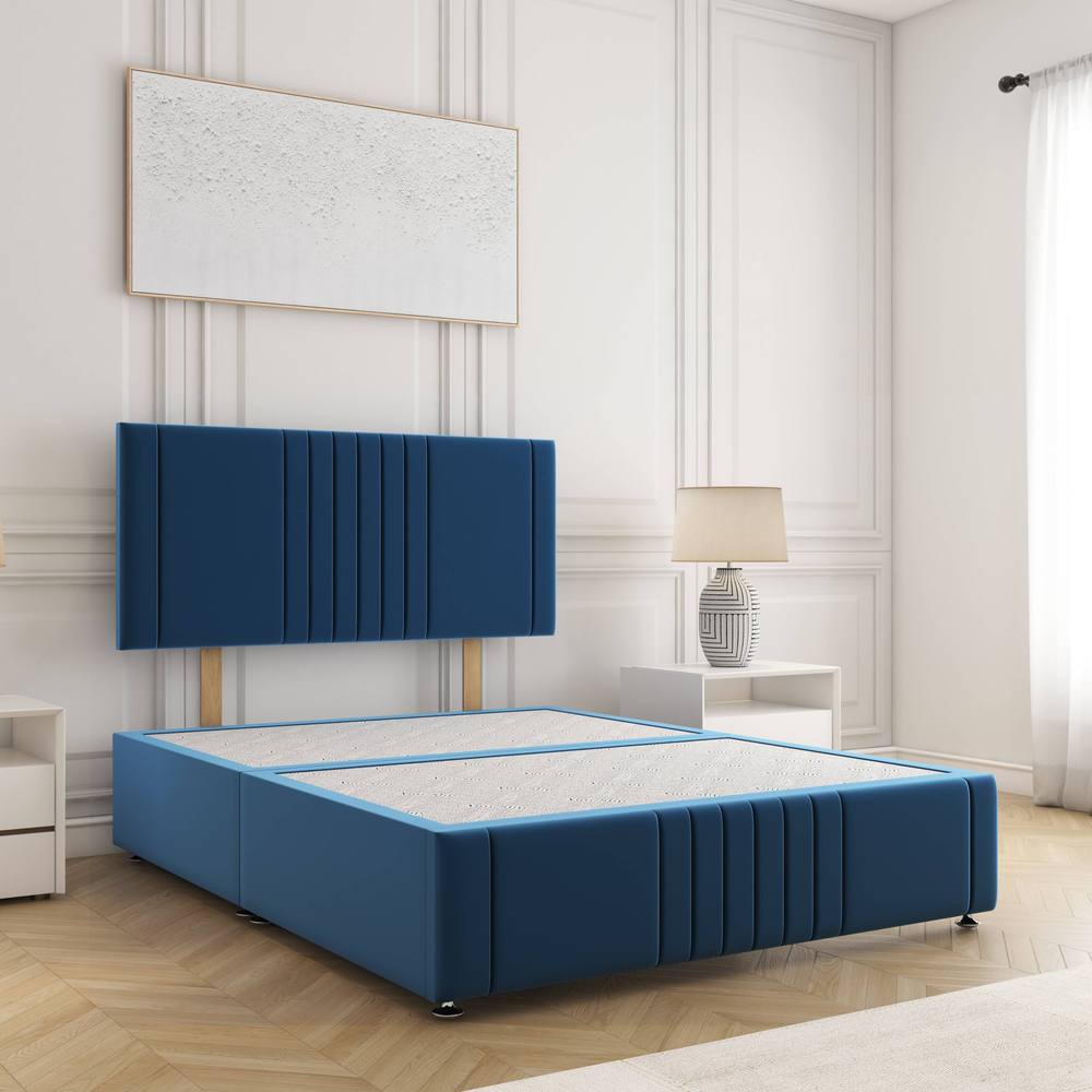 BSSPOKE Hazel Divan Bed Plush Velvet 24" Headboard & No Mattress No Drawers in Blue | Size: King