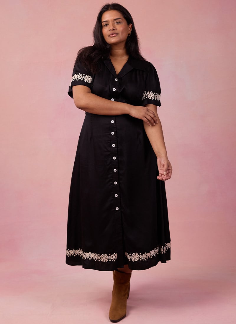 Photograph of Joanie Clothing Este Black Embroidered Shirt Dress-14 (Black)