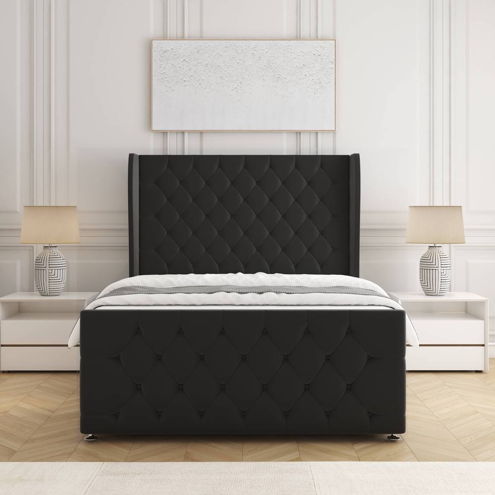 BSSPOKE Anna Plush Velvet Divan Bed 54" Headboard & Mattress No Drawers in Black | Size: Super King
