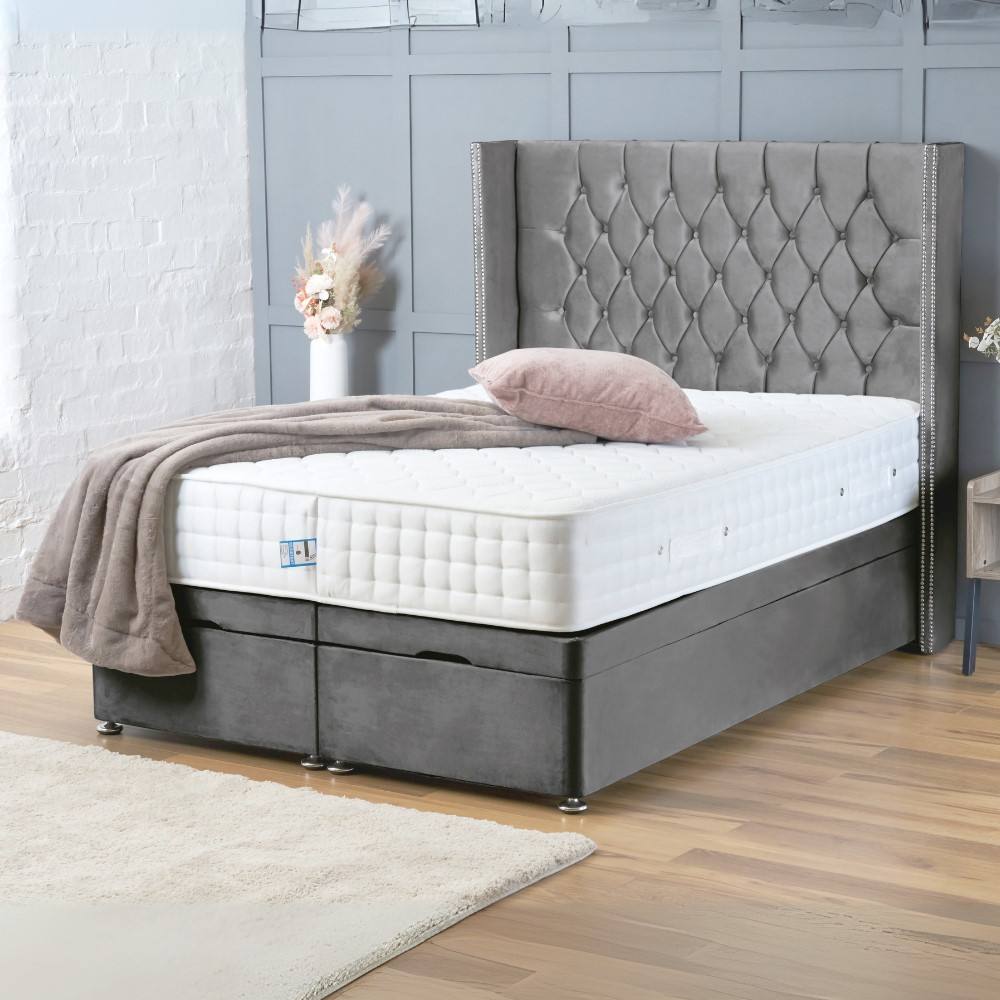 BSSPOKE Olivia Ottoman Divan Bed Plush Velvet 54" Headboard & No Mattress in Grey | Size: Single