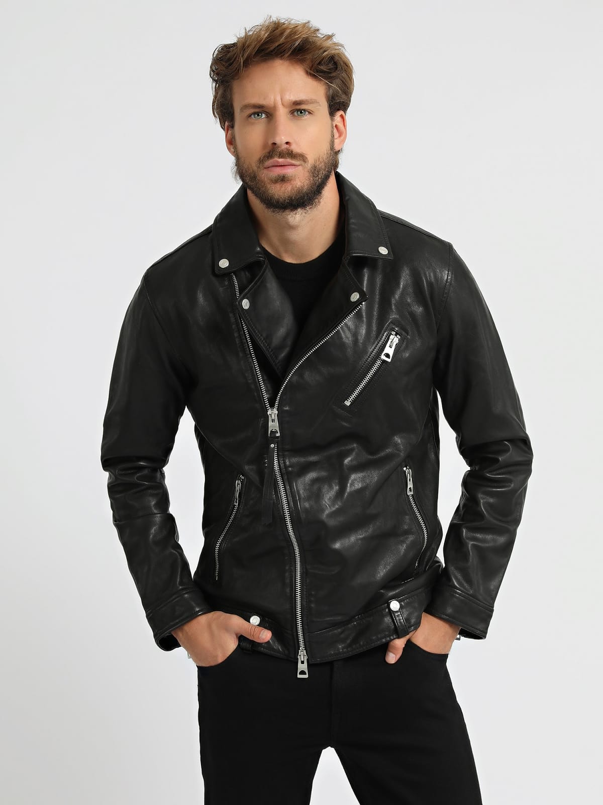 Black guess leather jacket sales