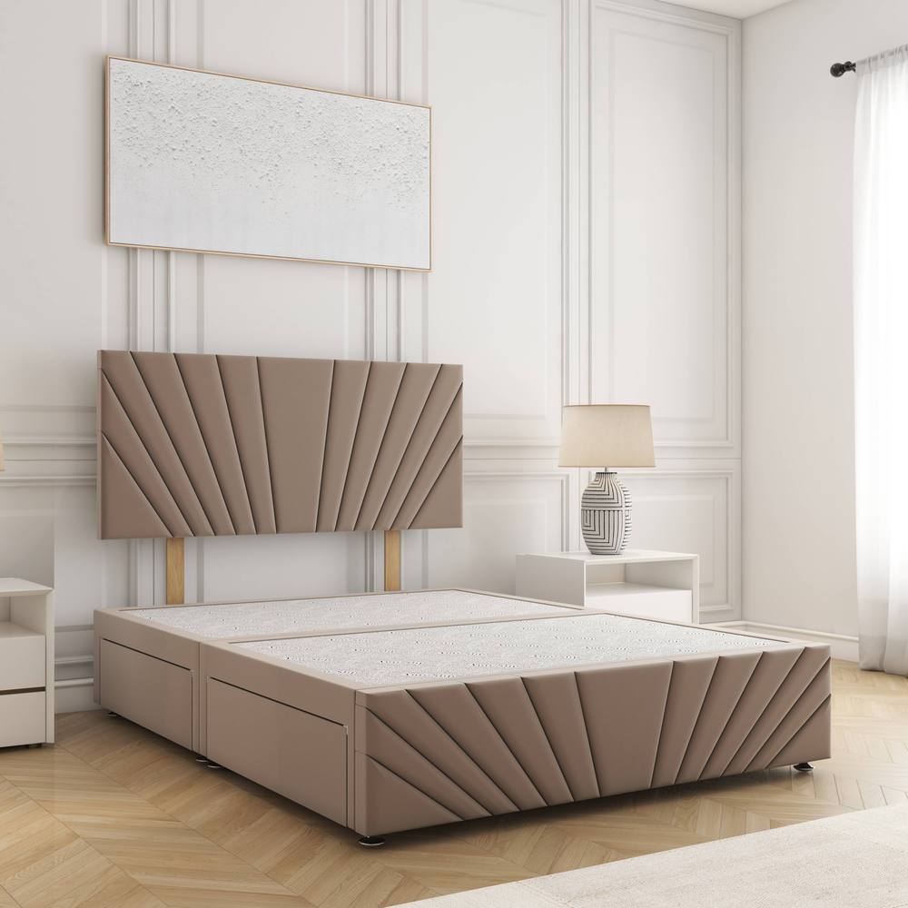 BSSPOKE Rose Divan Bed Plush 24" Headboard 2Drawers Same Side & No Mattress in Taupe | Size: King
