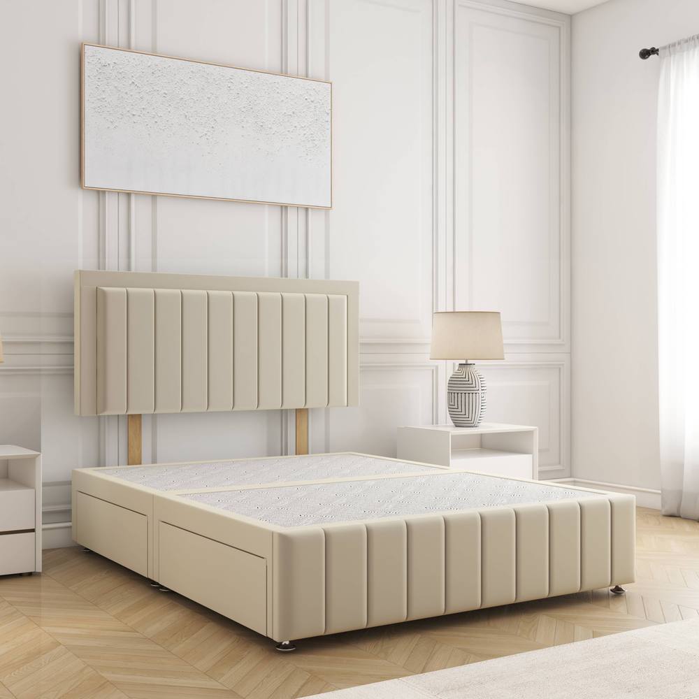 BSSPOKE Sophia Divan Bed Plush 24" Headboard 2Drawers Same Side No Mattress in Cream | Size: King