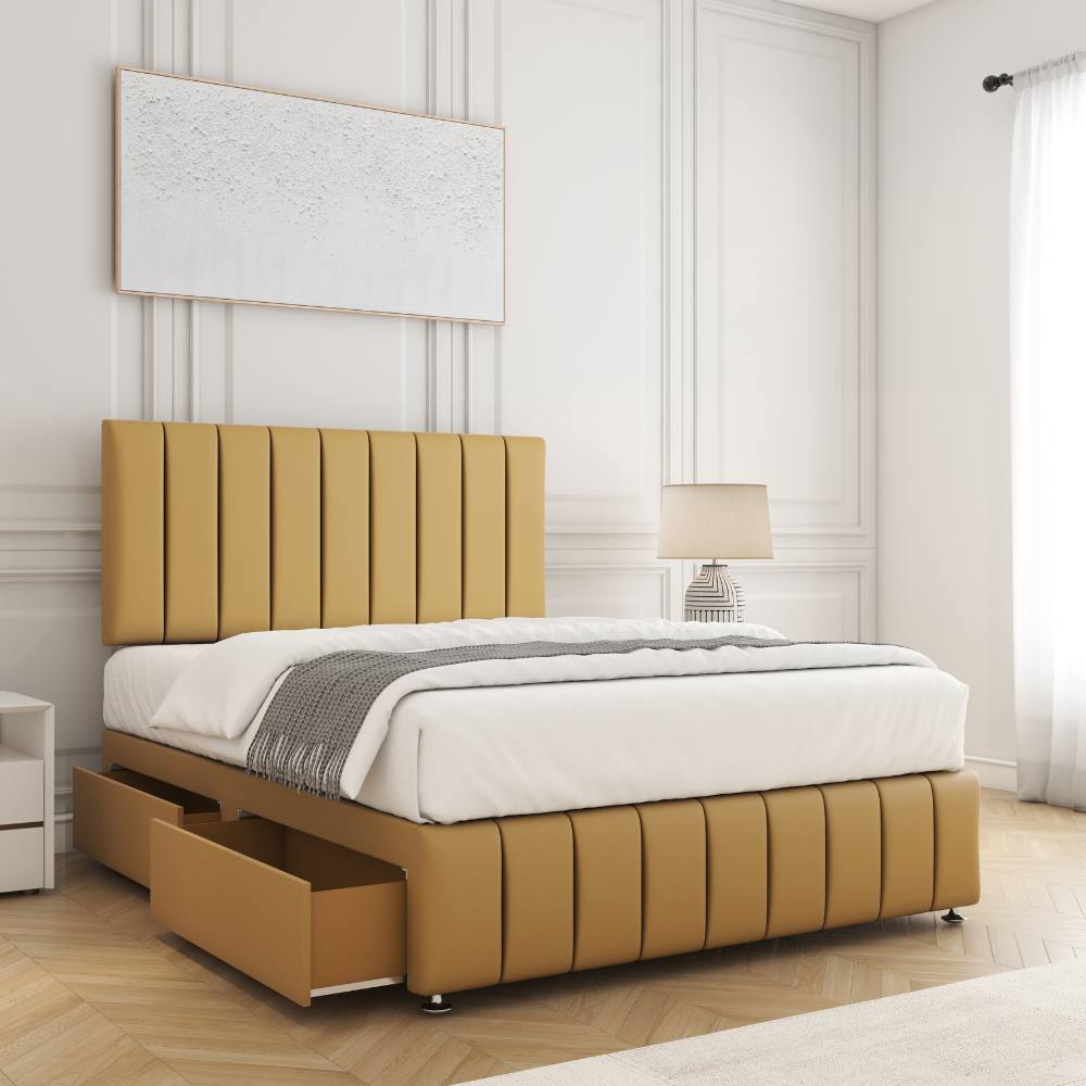BSSPOKE Sierra Divan Bed Plush Velvet 24"Headboard 2Drawers Footend & Mattress in Mustard | Size: Super King
