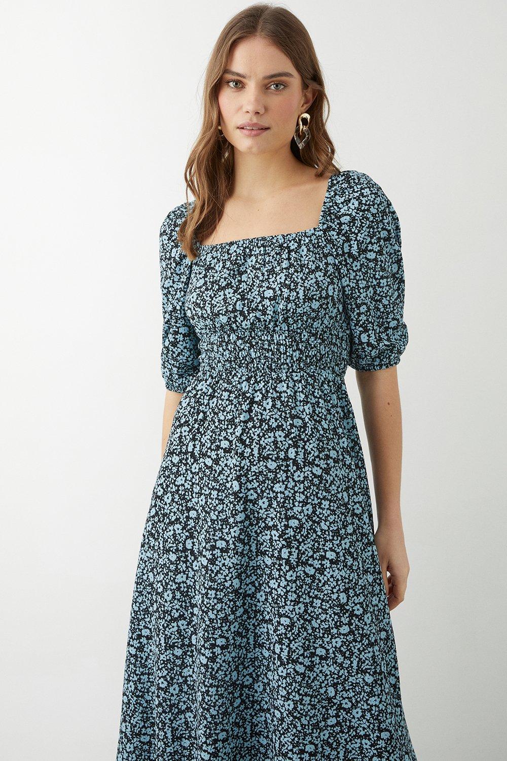 Dorothy Perkins Womens Ditsy Floral Shirred Waist Puff Sleeve Midi Dress Rather Saucy