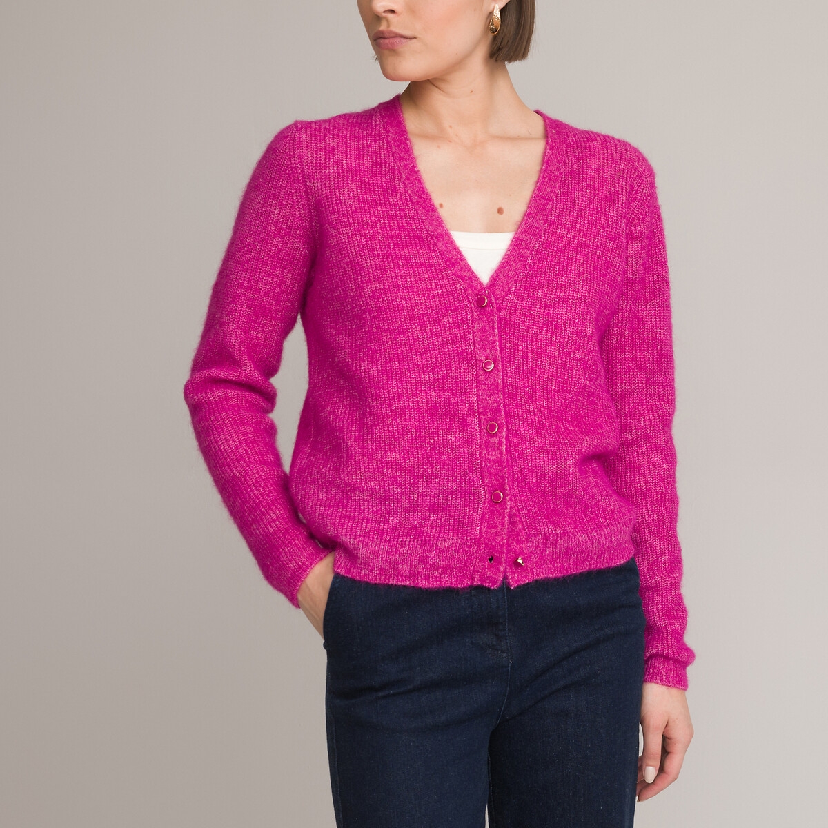 Photograph of Anne Weyburn Alpaca/Recycled Buttoned Cardigan with V-Neck