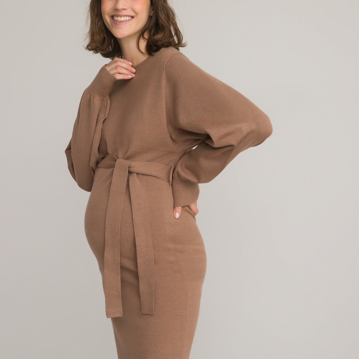 Photograph of La Redoute Collections Maternity Jumper Dress with Puff Sleeves and Tie-Waist