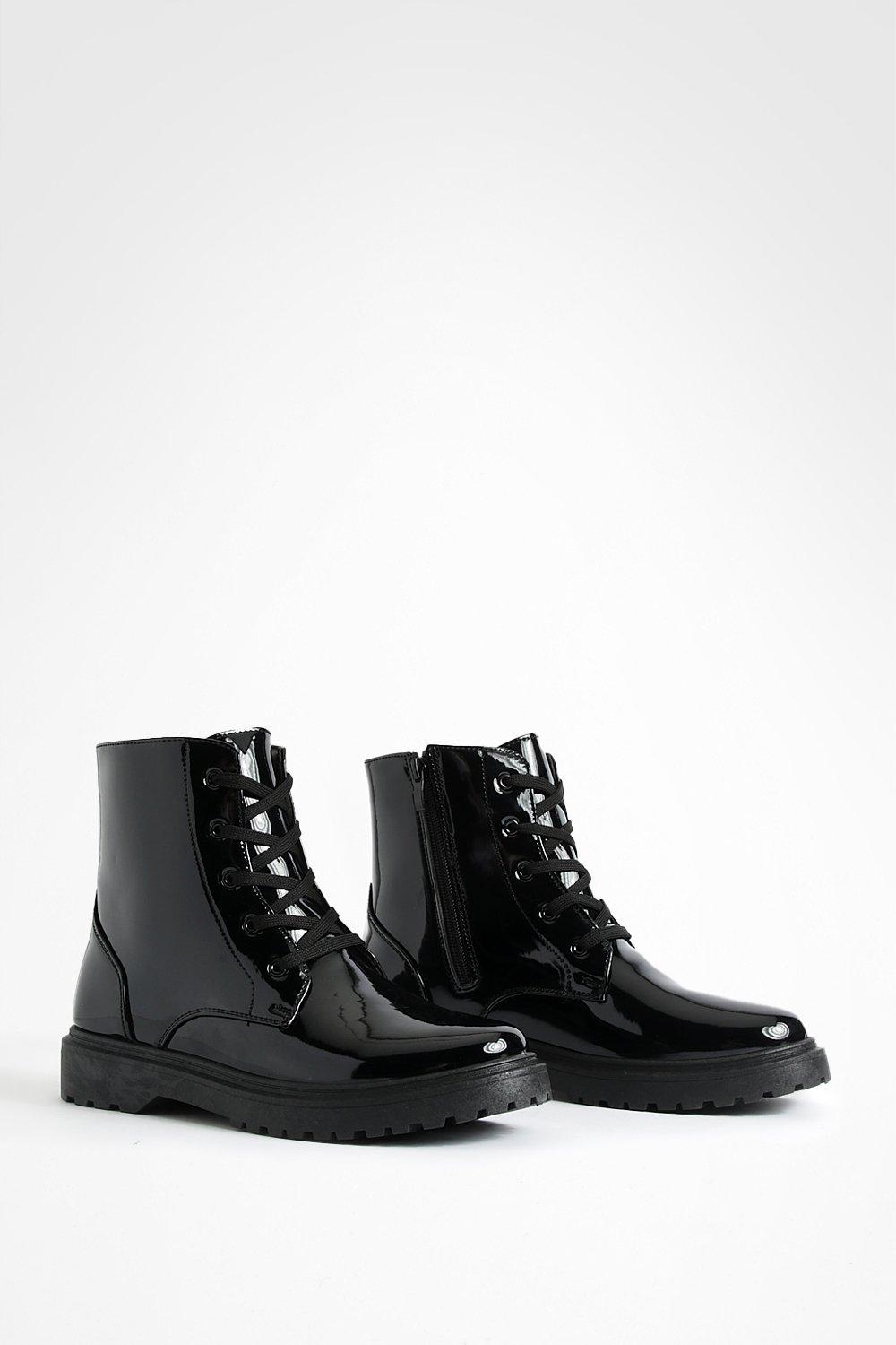 Boohoo Womens Patent Basic Lace Up Biker Boots Rather Saucy