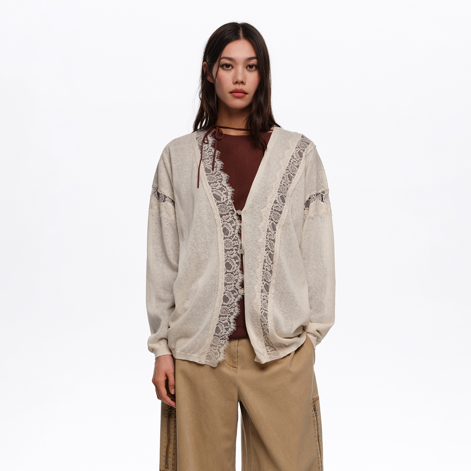 BIMBA Y LOLA Long sand cotton and linen cardigan with lace trim