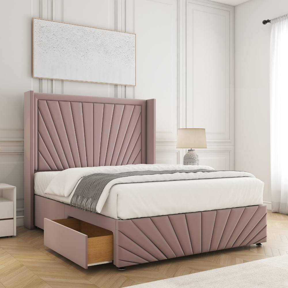 BSSPOKE Nola Divan Bed Plush Velvet 54"Headboard 2Drawers Footend No Mattress in Pink | Size: King