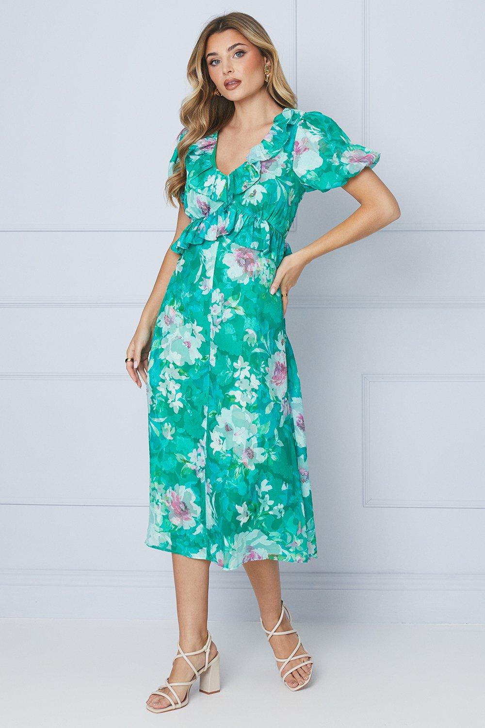 Dorothy Perkins Womens Floral Jacquard Ruffle Peplum Midi Dress Rather Saucy