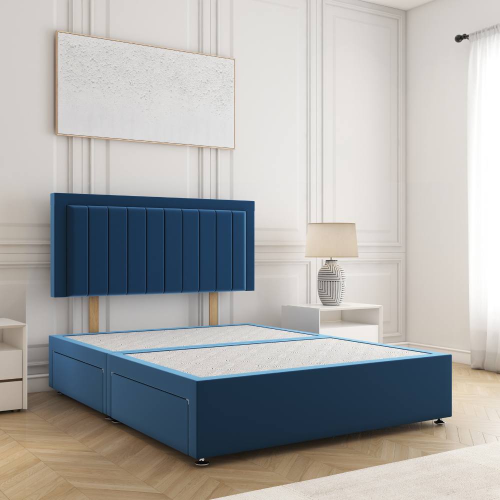 BSSPOKE Zarah Divan Bed Plush Velvet 24"Headboard 2Drawers Footend No Mattress in Blue | Size: Super King