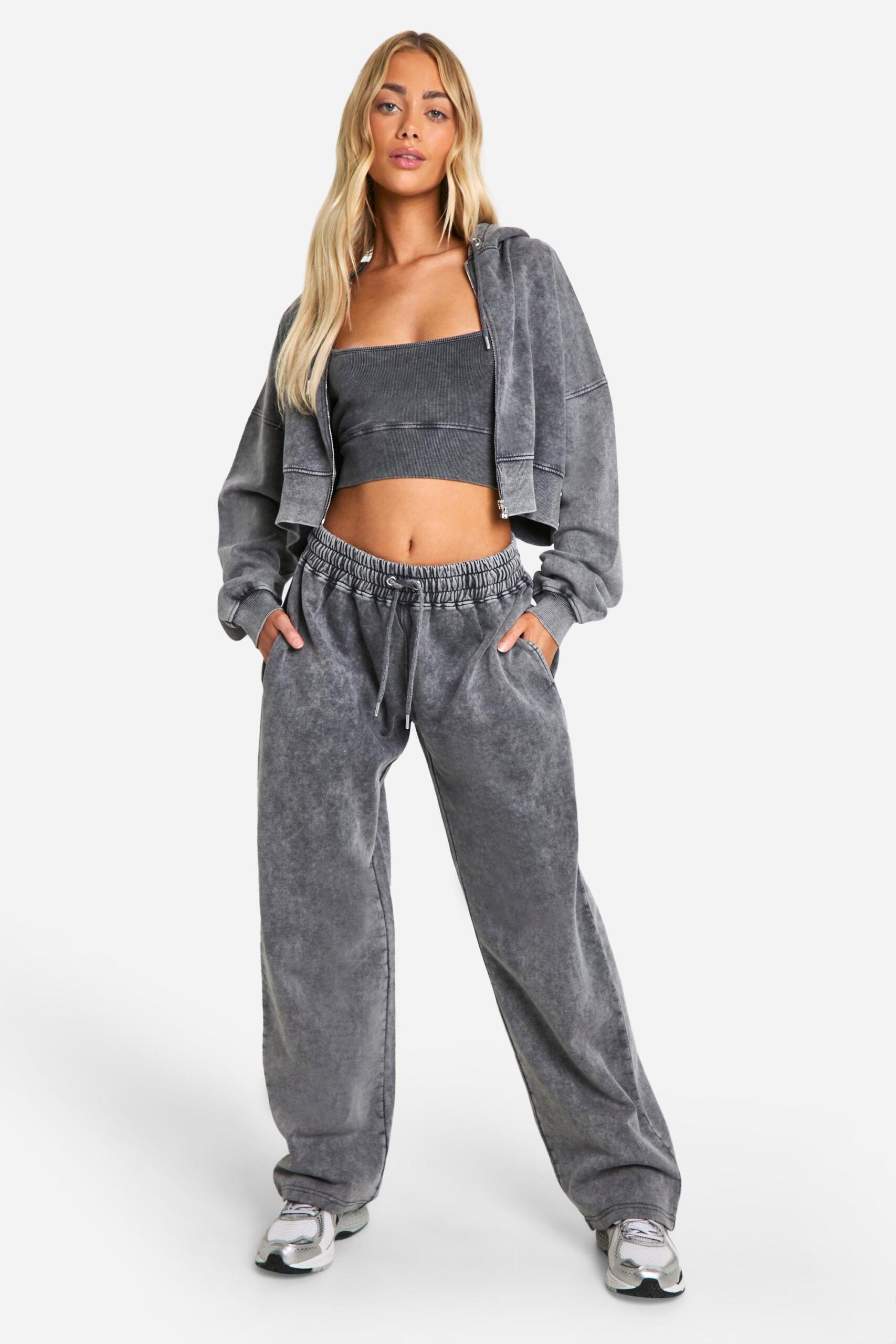 Boohoo Womens Acid Wash Deep Hem Crop Top 3 Piece Hooded Tracksuit Rather Saucy