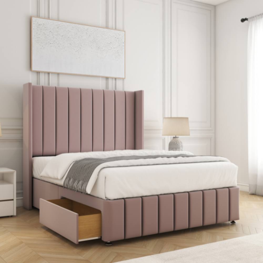 BSSPOKE Zoe Divan Bed Plush Velvet 54"Headboard 2 Drawers Footend No Mattress in Pink | Size: Small Double