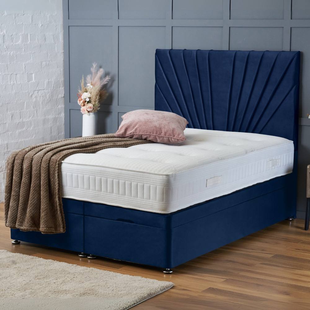 BSSPOKE Maria Ottoman Divan Bed Plush Velvet 54" Headboard & Mattress in Blue | Size: Double
