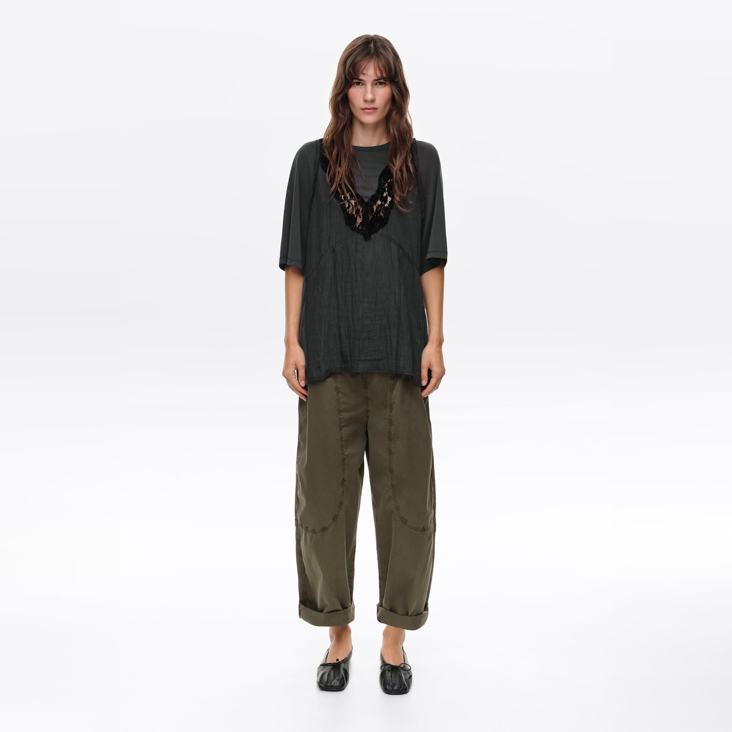 BIMBA Y LOLA Faded black bib T-shirt with lace details