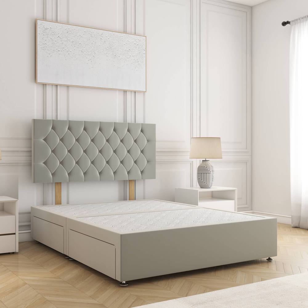 BSSPOKE Mia Divan Bed Plush 24" Headboard 2 Drawers Same Side & No Mattress in Silver | Size: King