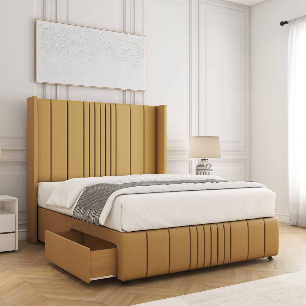 BSSPOKE Elise Plush Velvet Divan Bed 54"Headboard 2Drawers Footend No Mattress in Mustard | Size: Super King