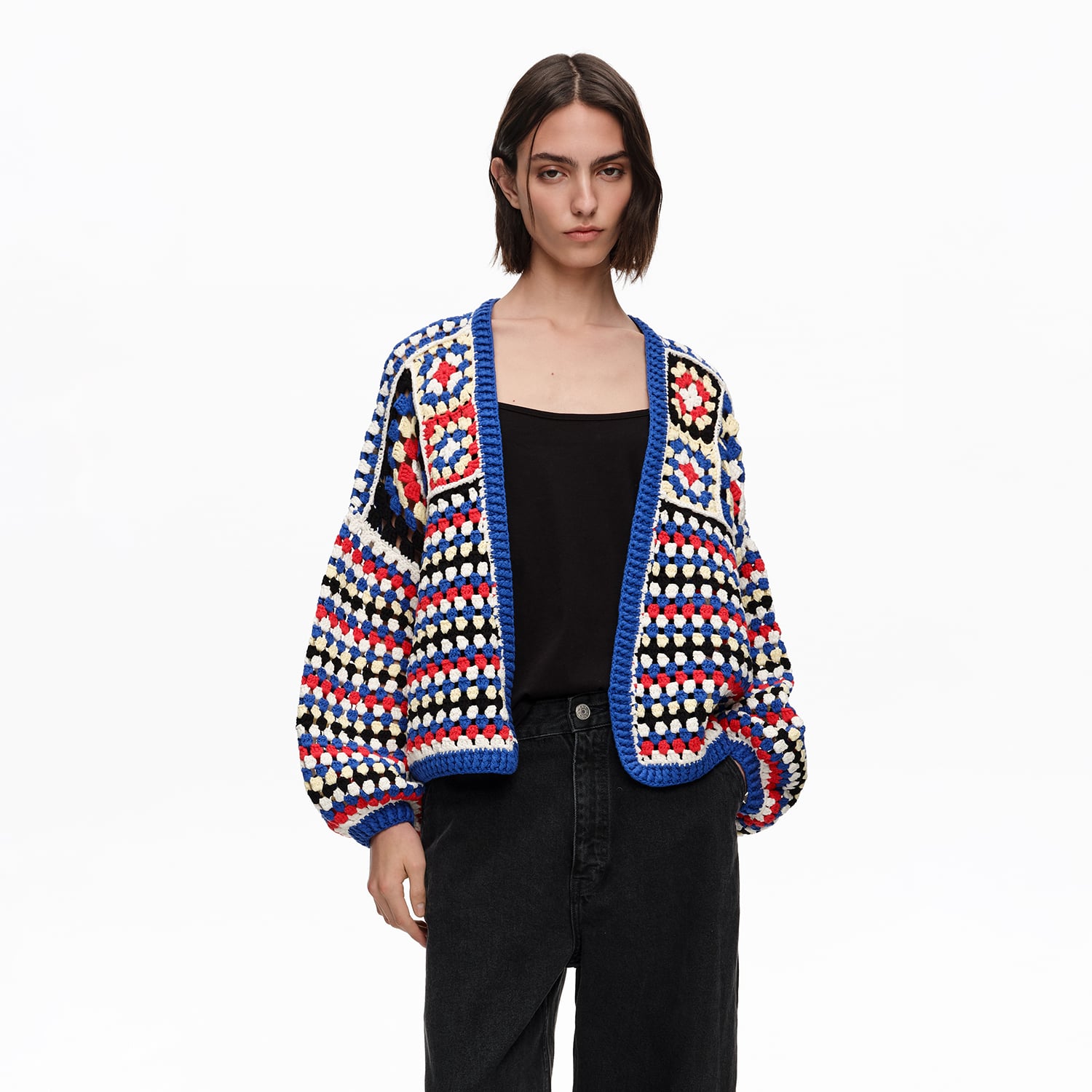 BIMBA Y LOLA Blue multicolor crochet balloon cardigan