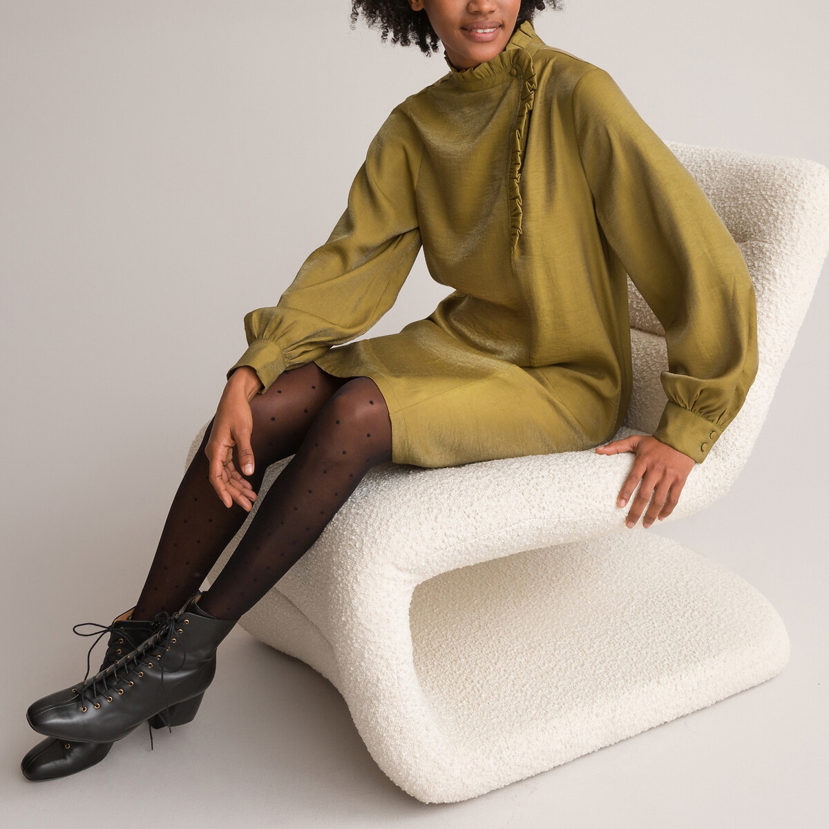 Photograph of La Redoute Collections High Neck Ruffled Dress with Long Puff Sleeves