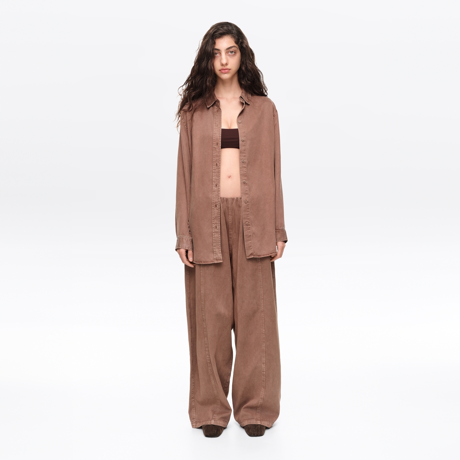 BIMBA Y LOLA Washed brown fluid wide-leg denim trousers