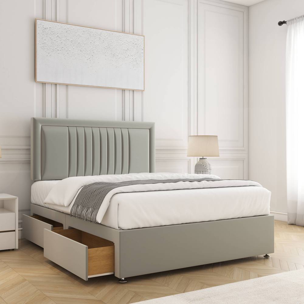 BSSPOKE Canes Velvet Divan Bed 24" Headboard 2Drawers Same side & Mattress in Silver | Size: King