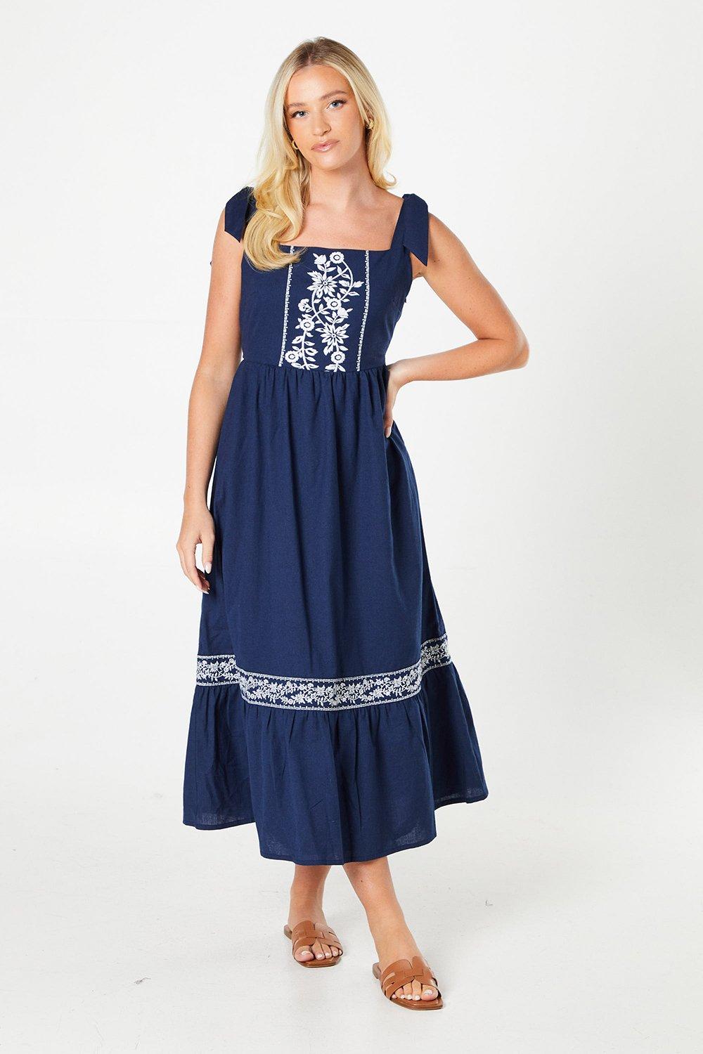 Photograph of Dorothy Perkins Womens Navy Embroidered Strappy Midi Dress
