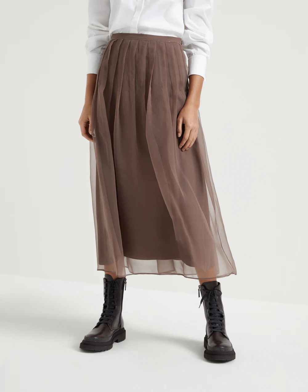 Photograph of Brunello Cucinelli Pleated Midi Skirt Brown